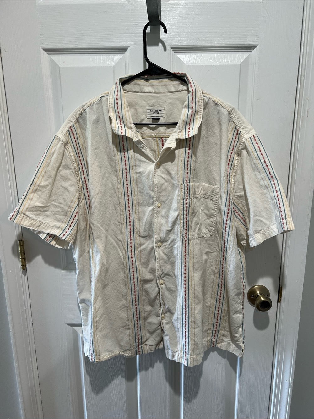 American Eagle Outfitters Cream Short-Sleeve Button-Down with Red & Blue Stripes